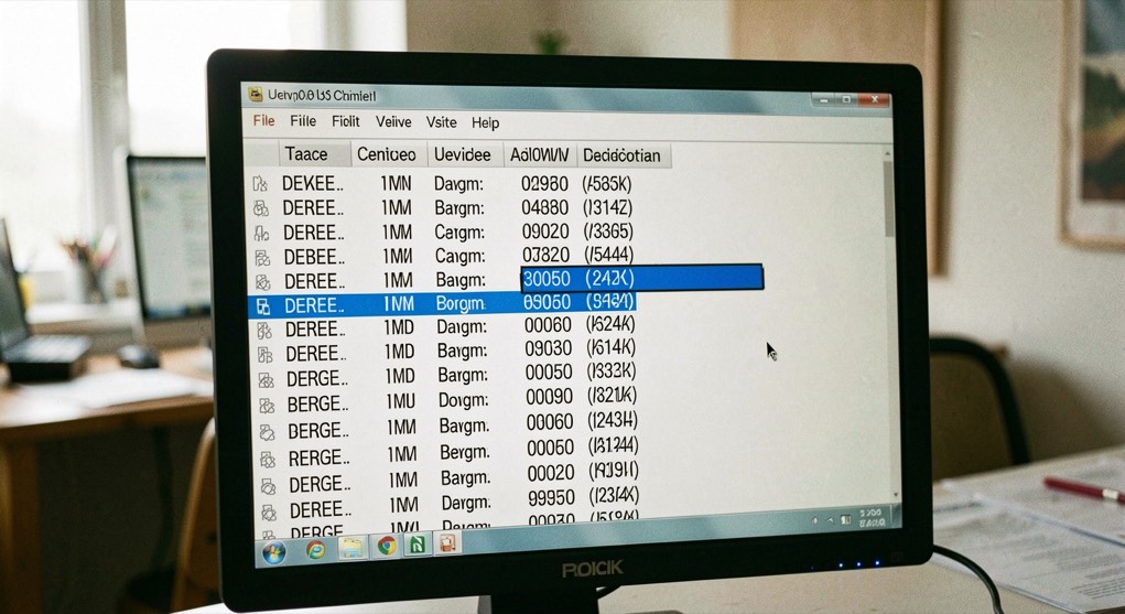A terminal window on a monitor listing device identifiers in columns, one line highlighted by the cursor block in the middle of the list