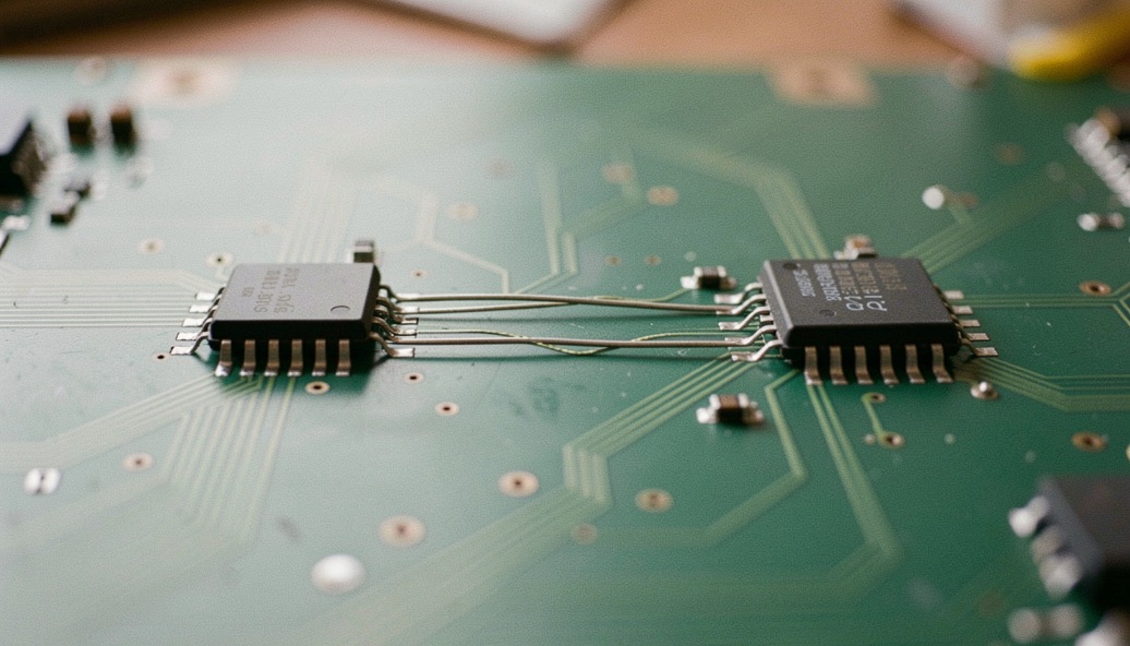 A single differential pair traced across a green circuit board between two packaged chips, the two lines running side by side at a constant spacing